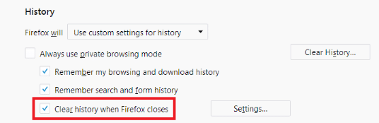 Mozilla Firefox: Clear history when Firefox closes