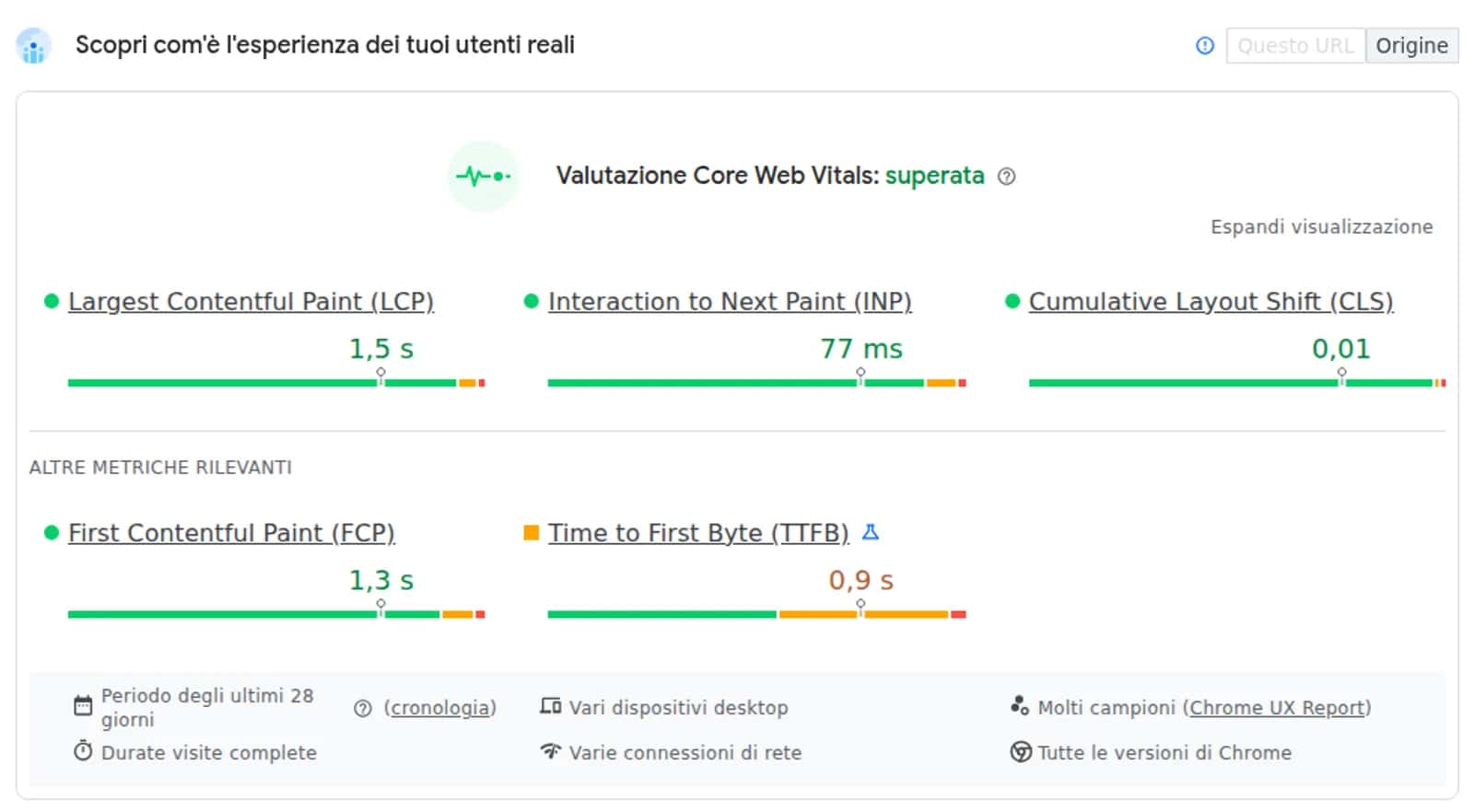 Report PageSpeed Insights desktop di initpc.it del 27 agosto 2026: valutazione Core Web Vitals superata, LCP 1,5 s, INP 77 ms, CLS 0,01