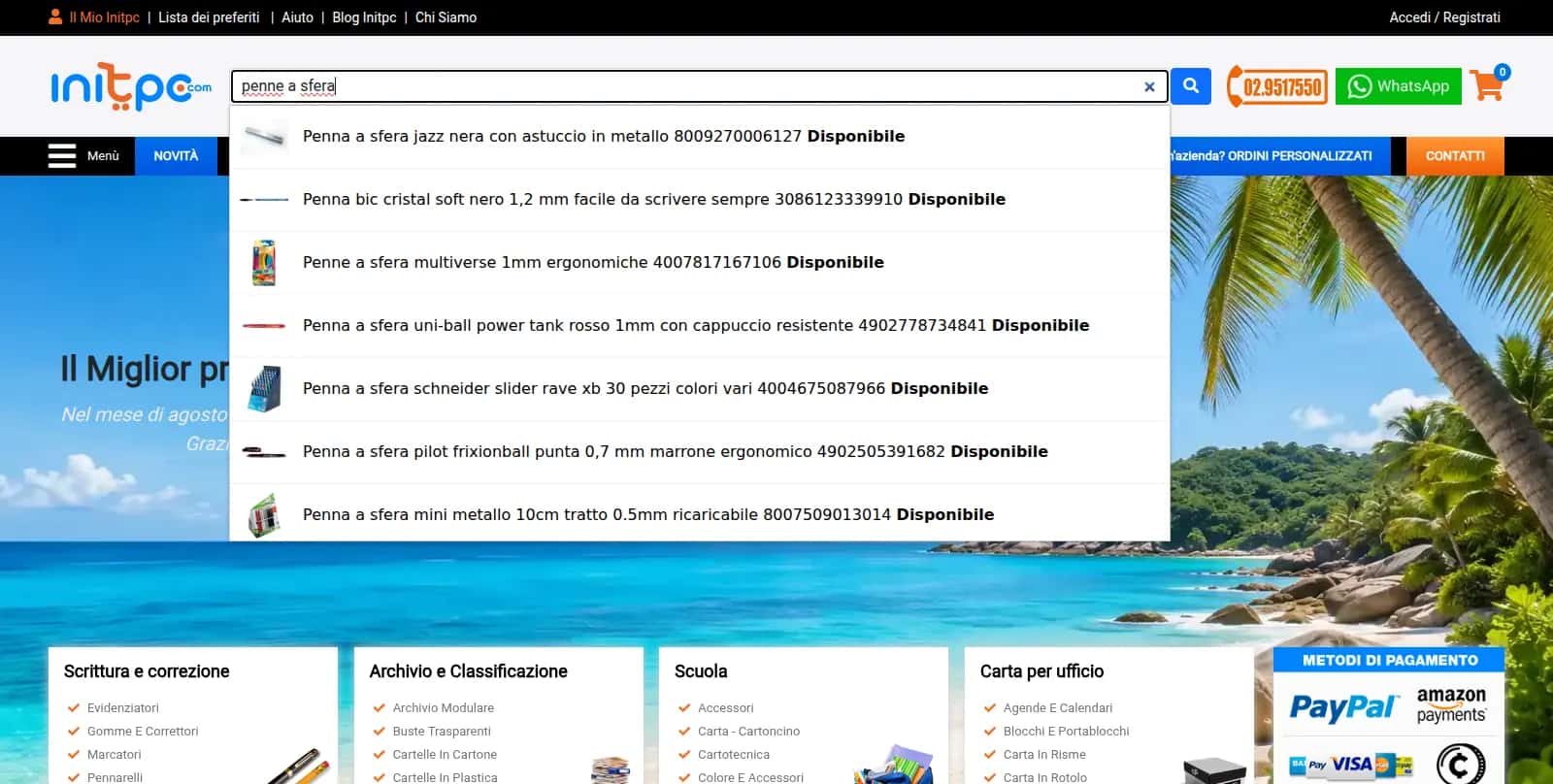 Autosuggest della ricerca di Initpc.it: prodotti, codici EAN e disponibilità proposti mentre si digita, serviti da Elasticsearch