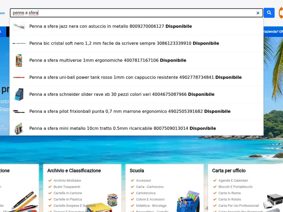 Autosuggest della ricerca di Initpc.it con prodotti, codici EAN e disponibilità, servito da Elasticsearch