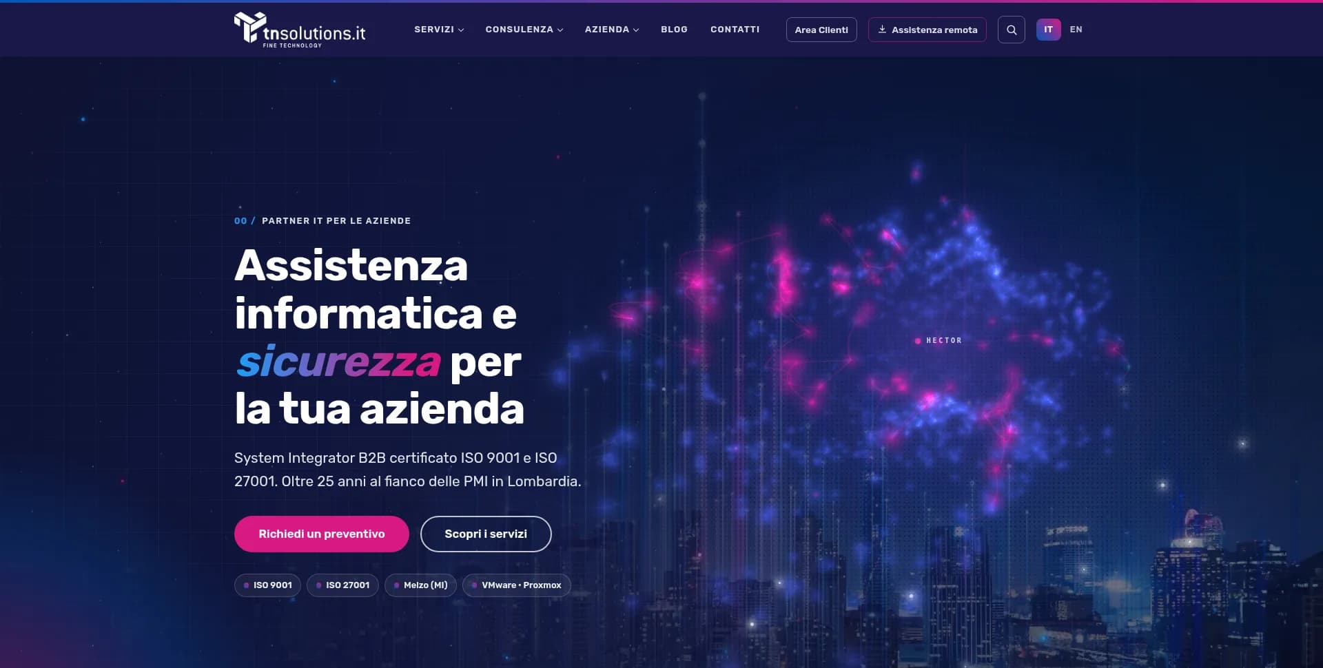 The tnsolutions.it home page showing the Hector brain animation, the neural network of our artificial intelligence ecosystem