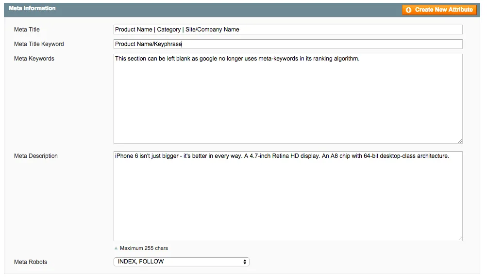 Magento meta information configuration screen
