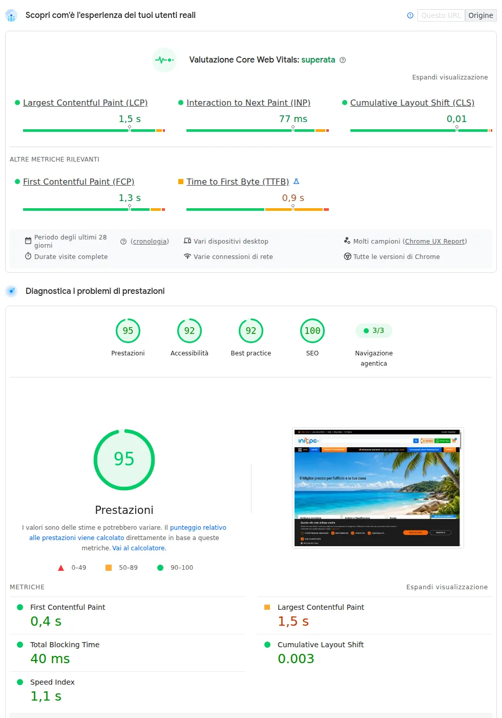 Report PageSpeed Insights desktop di initpc.it del 27 agosto 2026: Core Web Vitals superati, punteggio prestazioni 95