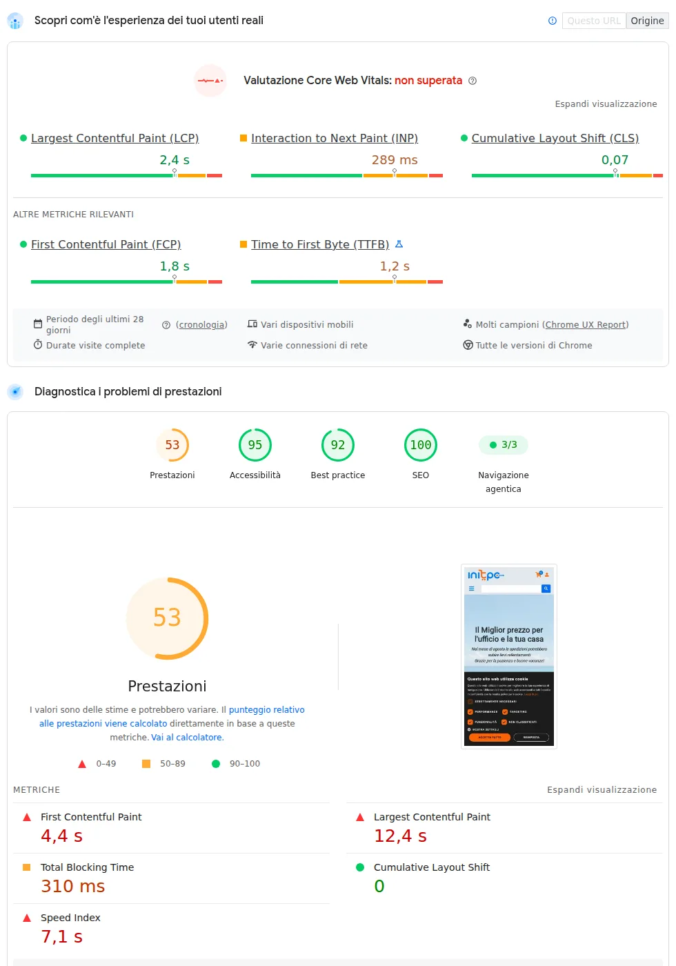 Report PageSpeed Insights mobile di initpc.it del 27 agosto 2026: valutazione Core Web Vitals non superata, INP 289 ms, punteggio prestazioni 53
