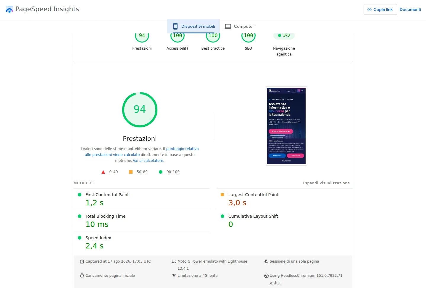 Screenshot di PageSpeed Insights (Google), scheda Dispositivi mobili, per la home di tnsolutions.it: punteggio Prestazioni 94/100, Accessibilità 100, Best Practice 100, SEO 100, con le metriche di laboratorio First Contentful Paint 1,2 s, Largest Contentful Paint 3,0 s, Total Blocking Time 10 ms, Cumulative Layout Shift 0, Speed Index 2,4 s