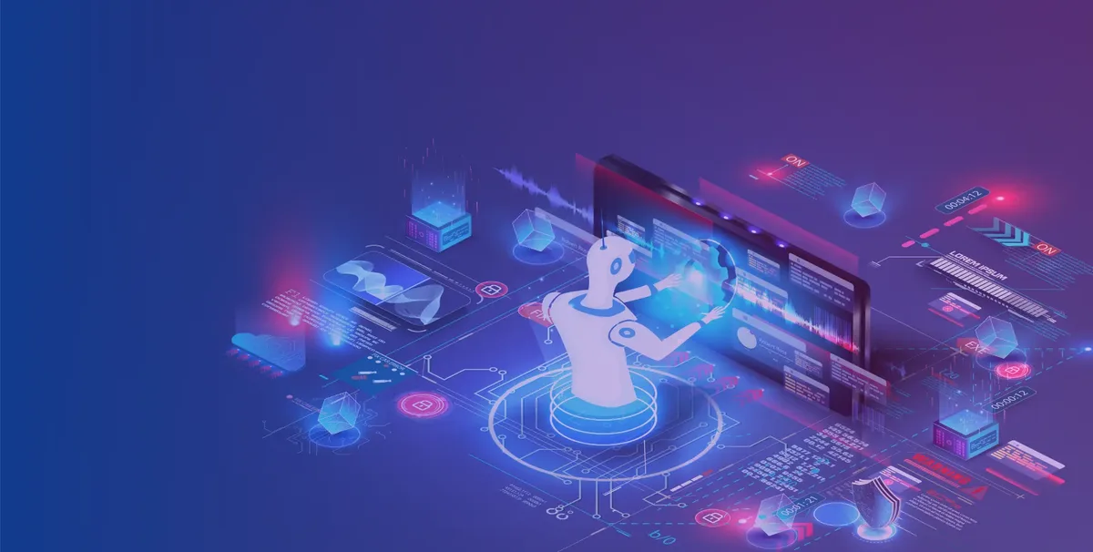 Illustrazione di un assistente AI che elabora dati e report aziendali