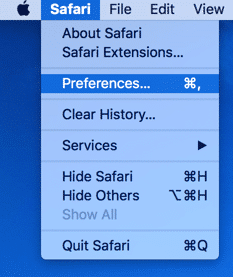 Safari: Preferences menu to clear cache